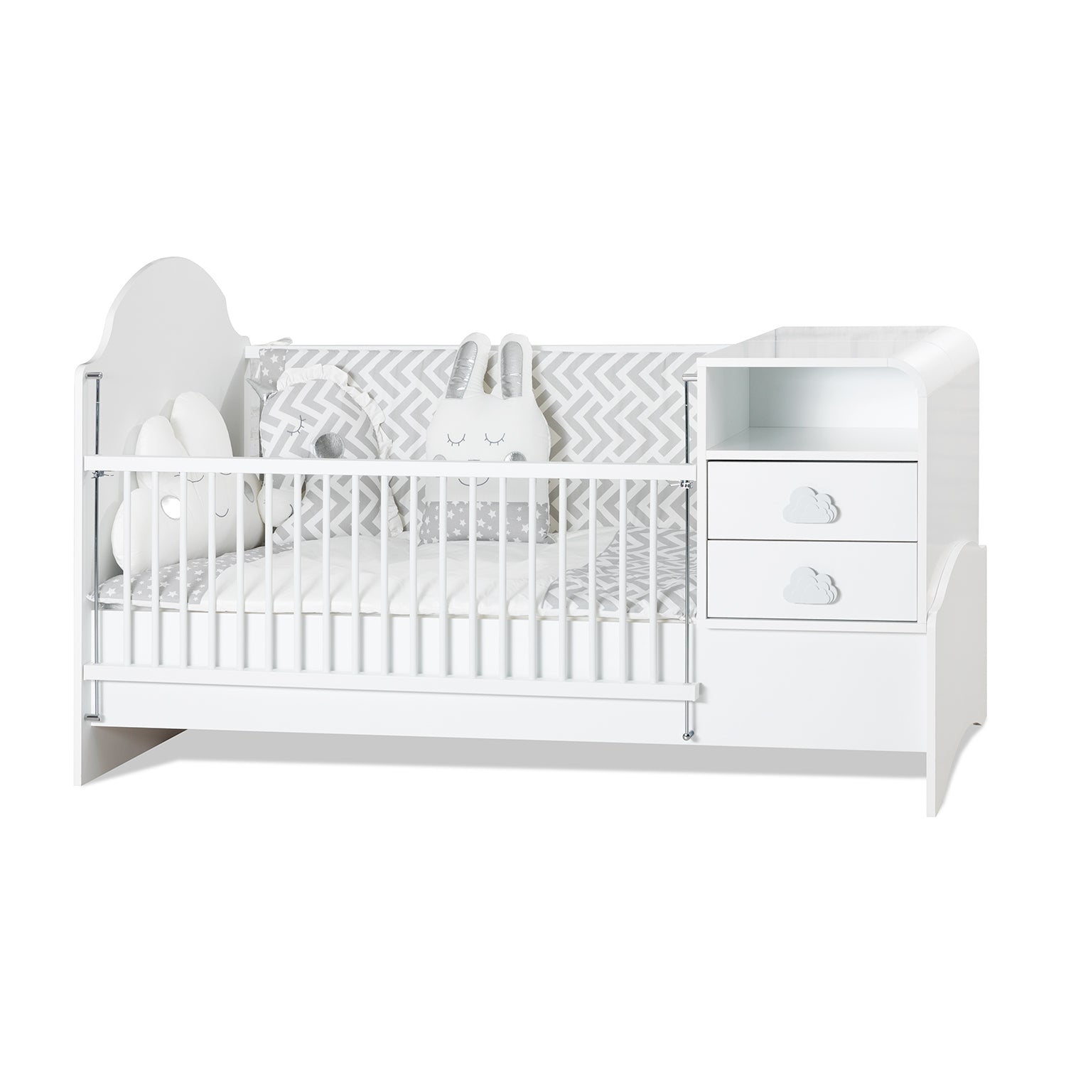 Babyzimmer Pori-Wolken Set inkl Babybett, Kommode, 2Türige Schrank & Matratze