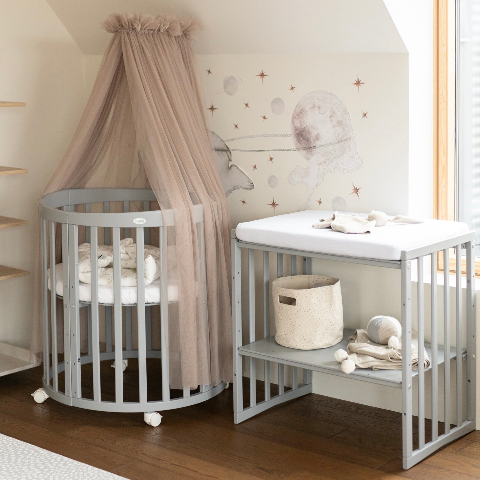 7in1 Babybett Oval Grau – inkl. Matratze