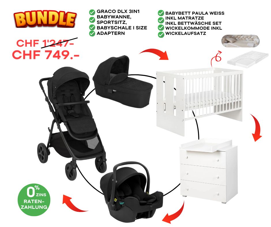 Graco DLX 3in1 Bundle - Inkl Babybett Set, Wickelkommode Set Schwarz