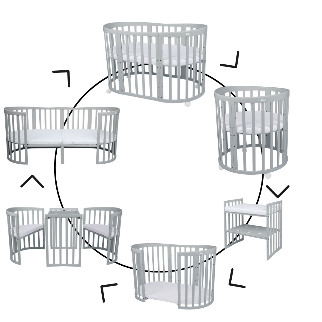 7in1 Babybett Oval Grau Bundle – inkl. Bett-Set, Matratze & Betthimmel