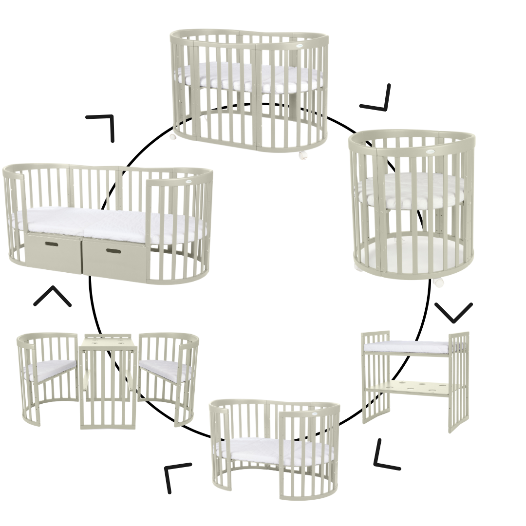 7in1 Babybett Oval Olive Bundle – inkl. Bett-Set, Matratze & Betthimmel