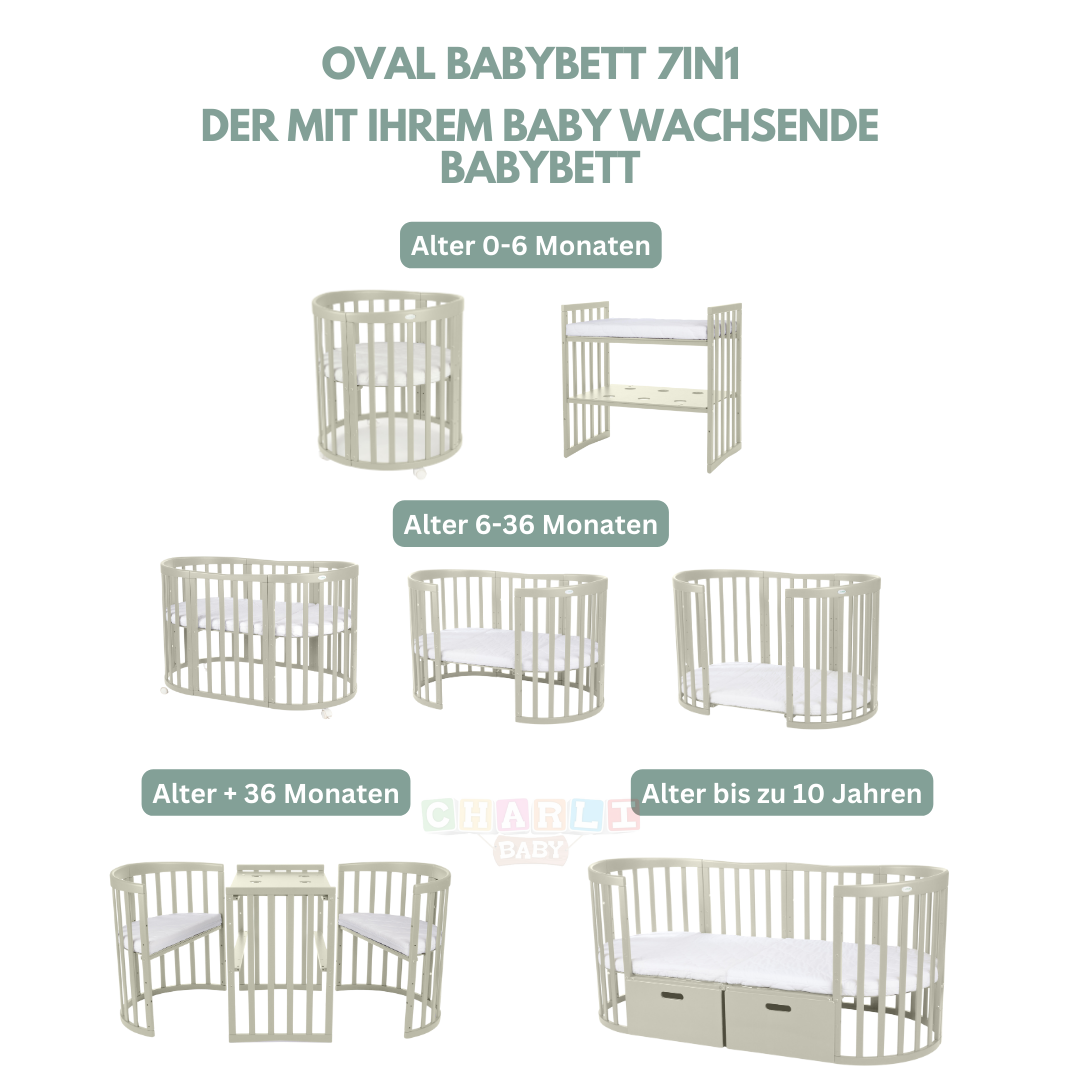 7in1 Babybett Oval Olive Bundle – inkl. Bett-Set, Matratze & Betthimmel