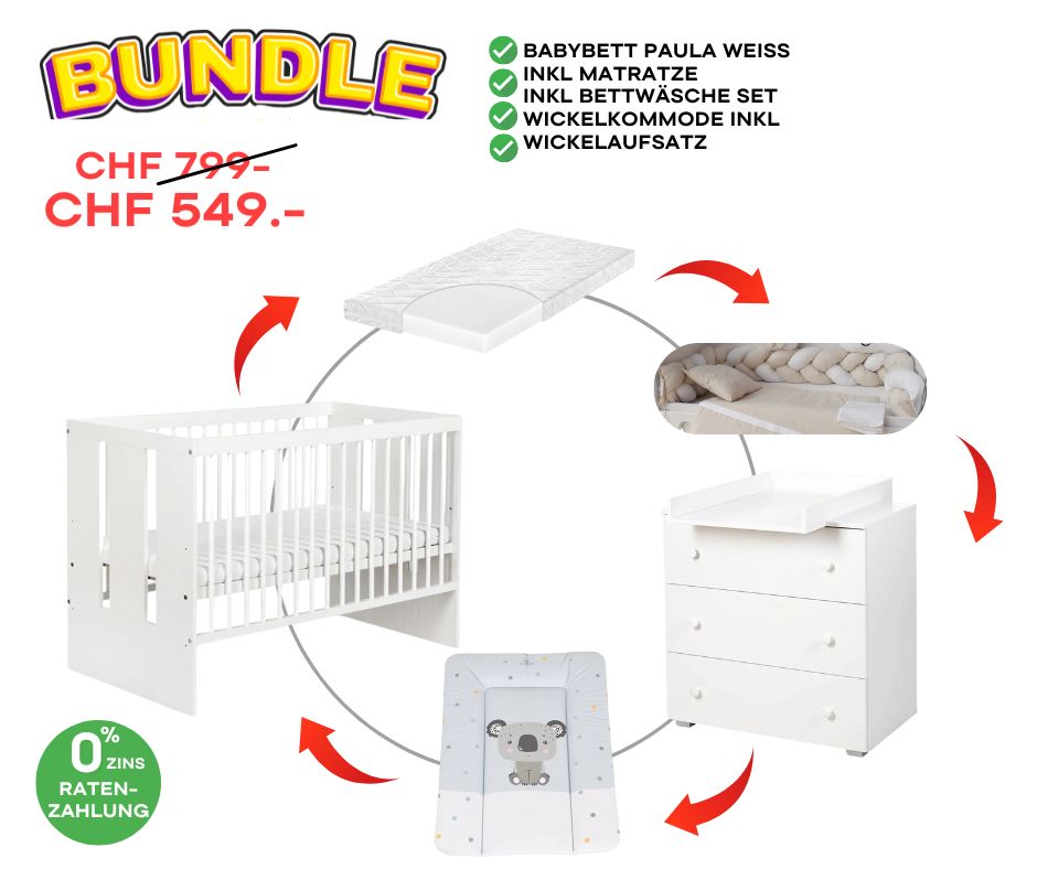 Paula Bundle Babybett Set, Wickelkommode Set Weiss