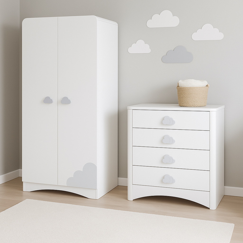 Babyzimmer Pori-Weiss Set inkl Babybett, Kommode, 2Türige Schrank & Matratze