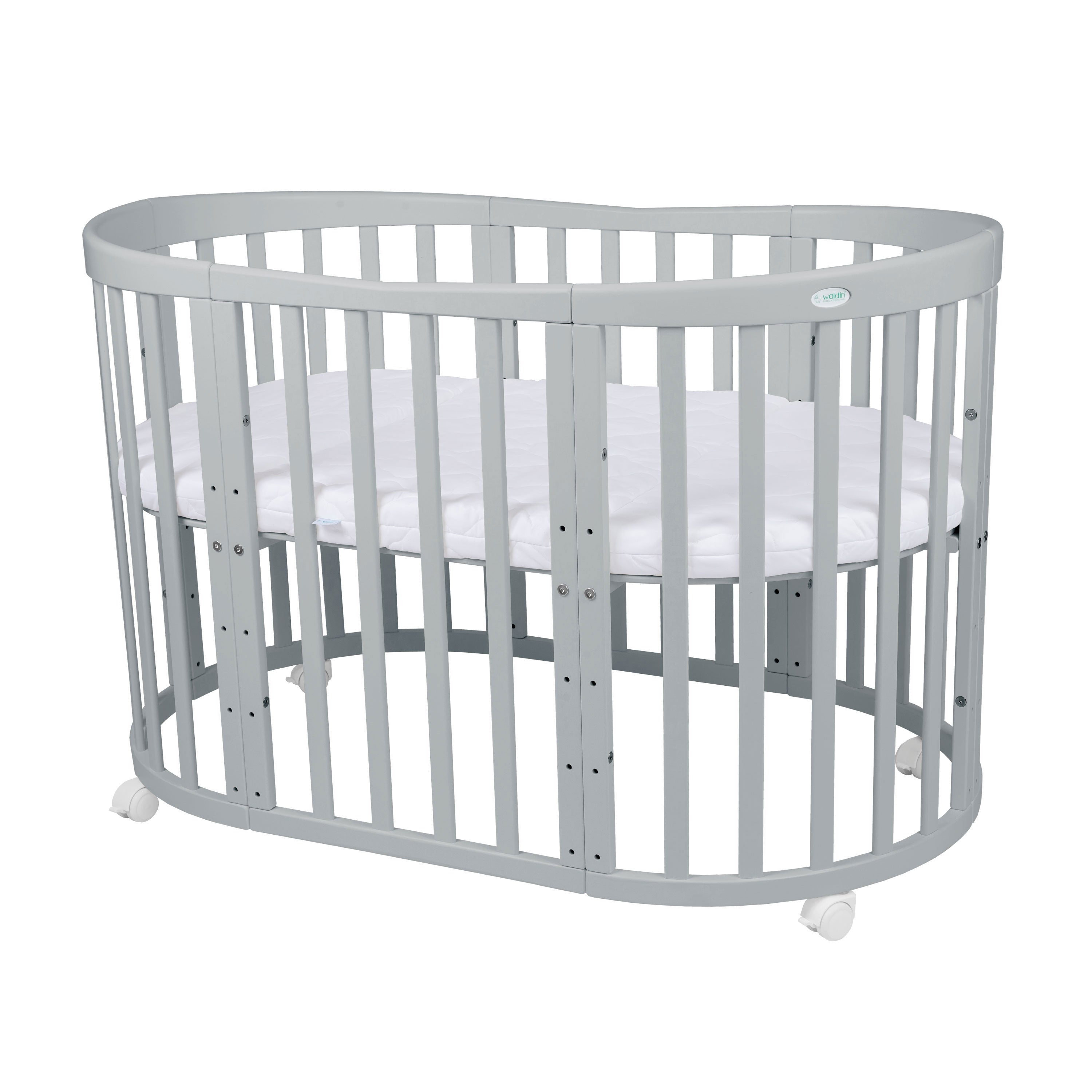 7in1 Babybett Oval Grau Bundle – inkl. Bett-Set, Matratze & Betthimmel