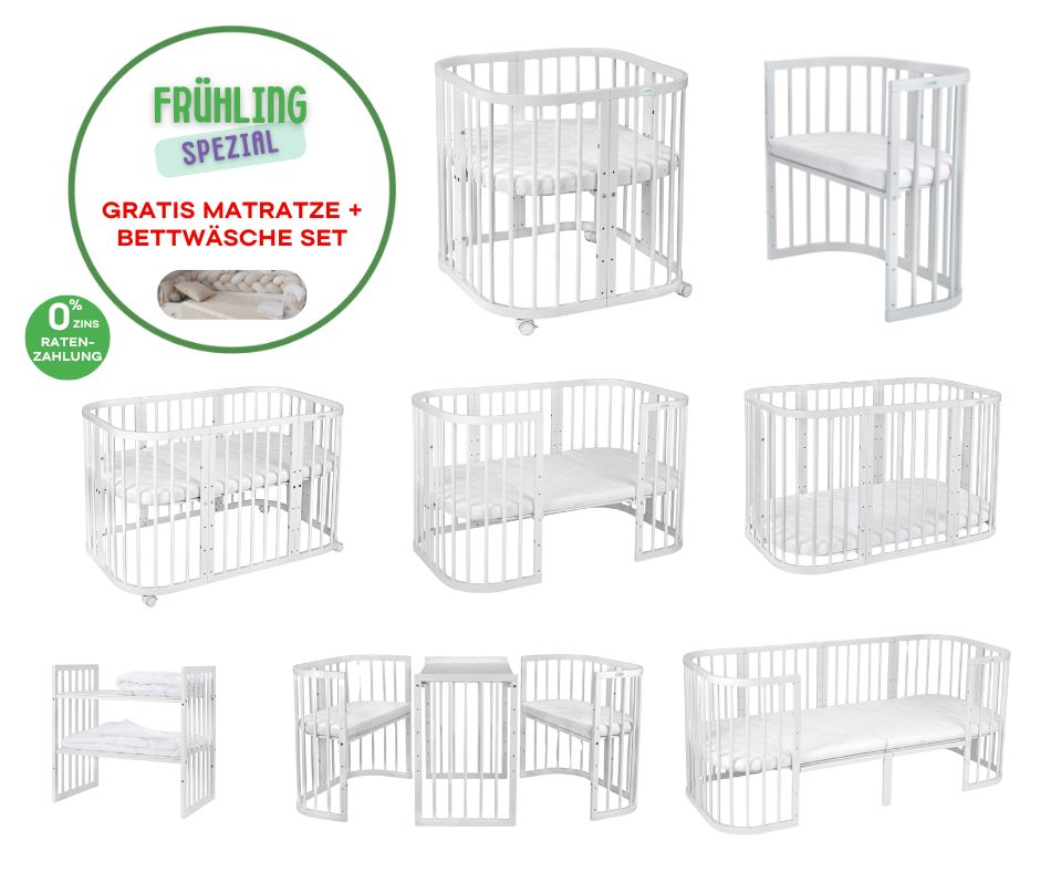 Babybett Quadi Weiss 7in1 – Inkl. 10-tlg Bettwäsche-Set & allen Matratzen