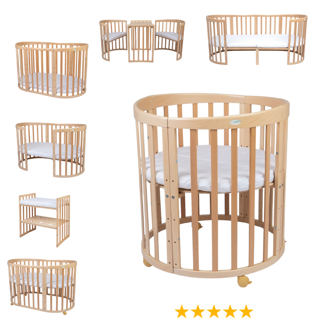 7in1 Babybett Oval Nature Bundle – inkl. Bett-Set, Matratze & Betthimmel