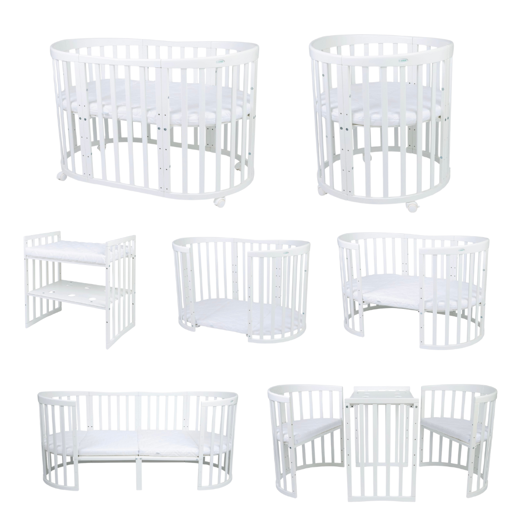 7in1 Babybett Oval Weiss Bundle – inkl. Bett-Set, Matratze & Betthimmel