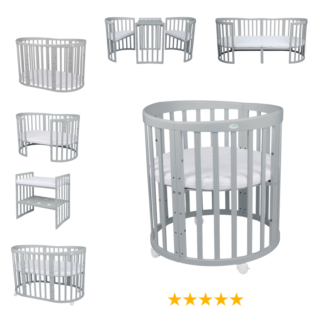 7in1 Babybett Oval Grau Bundle – inkl. Bett-Set, Matratze & Betthimmel