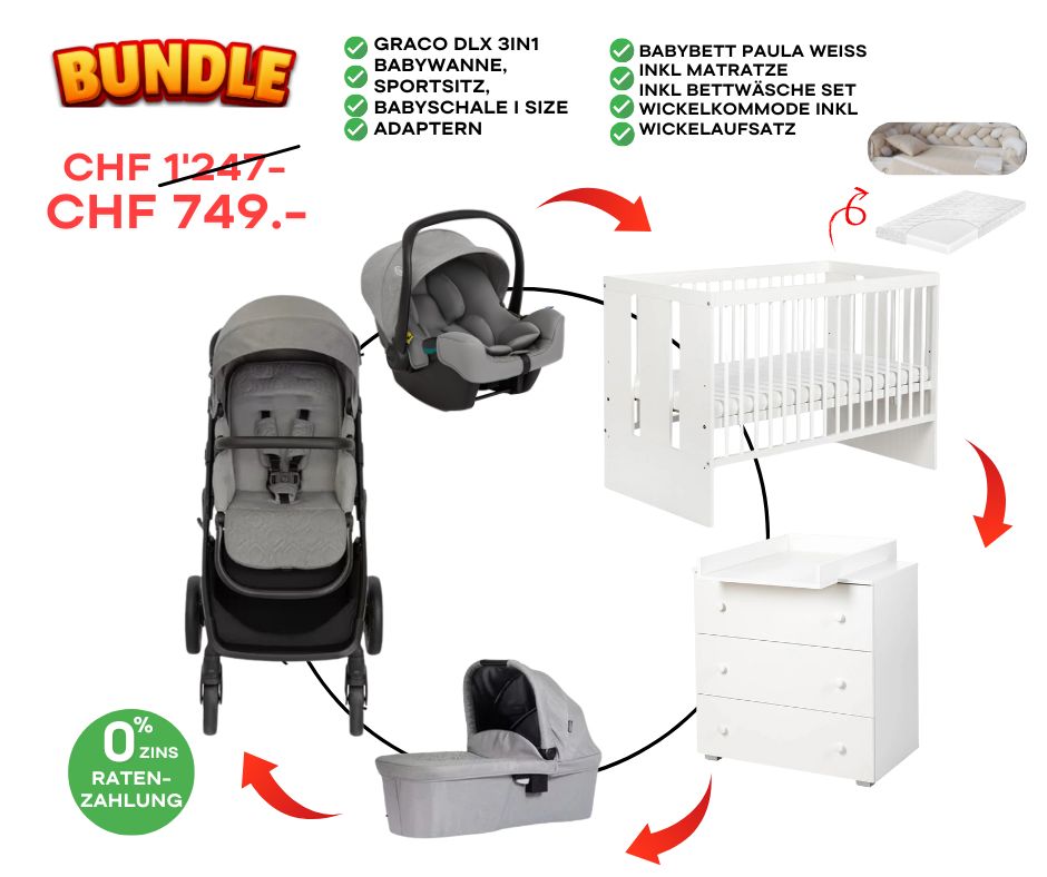 Graco DLX 3in1 Bundle - Inkl Babybett Set, Wickelkommode Set Grau