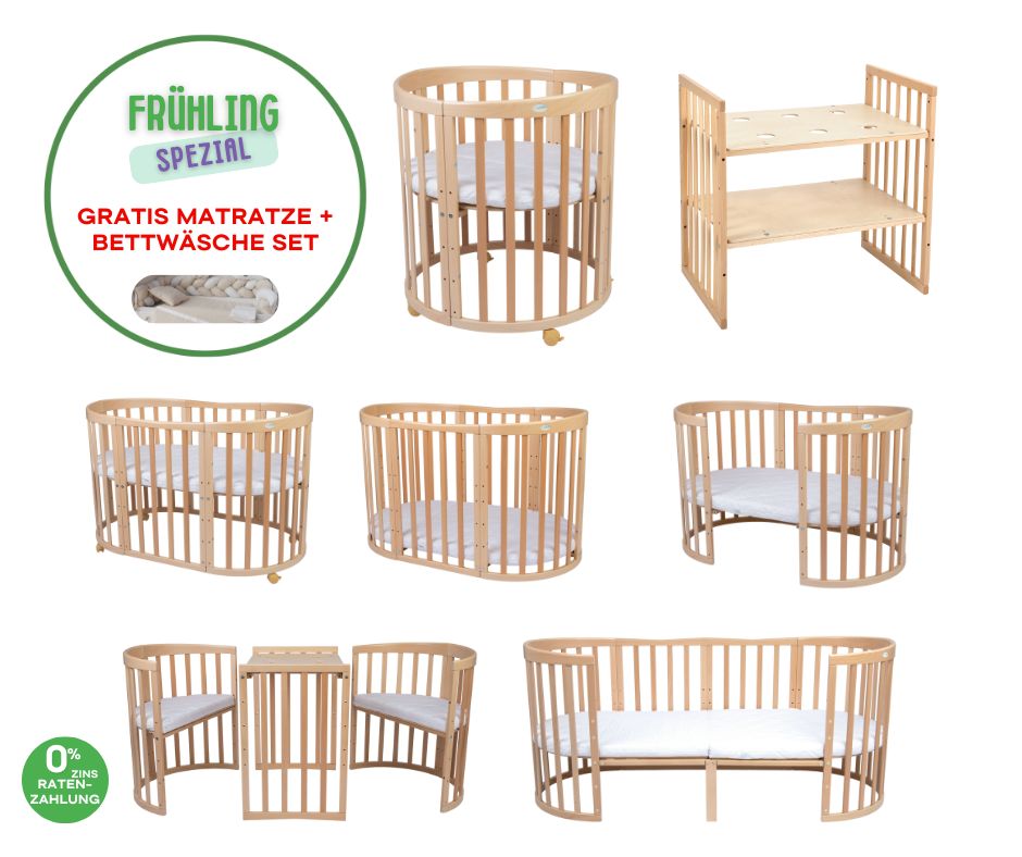 Babybett Quadi Holz 7in1 – Inkl. 10-tlg Bettwäsche-Set & allen Matratzen