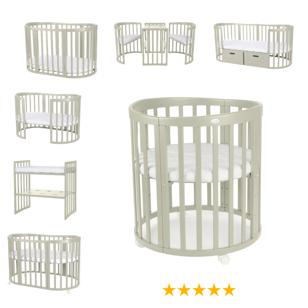 7in1 Babybett Oval Khaki – inkl. Matratzen, Bettwäsche, Betthimmel