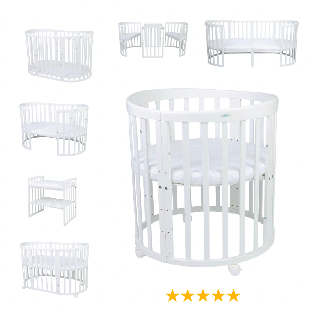 7in1 Babybett Oval Weiss Bundle – inkl. Bett-Set, Matratze & Betthimmel
