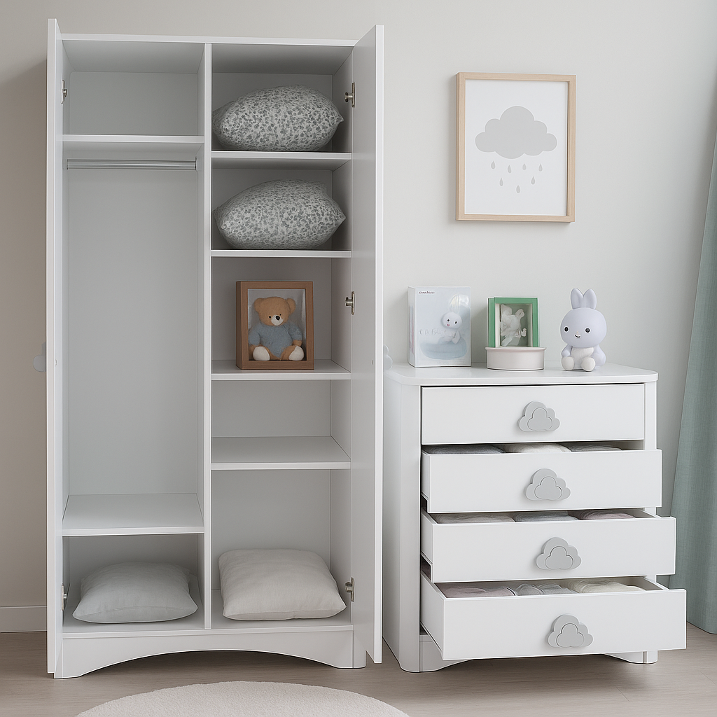 Babyzimmer Pori-Weiss Set inkl Babybett, Kommode, 2Türige Schrank & Matratze