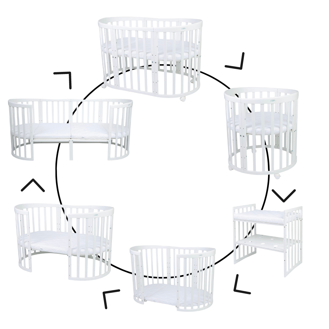 7in1 Babybett Oval Weiss Bundle – inkl. Bett-Set, Matratze & Betthimmel