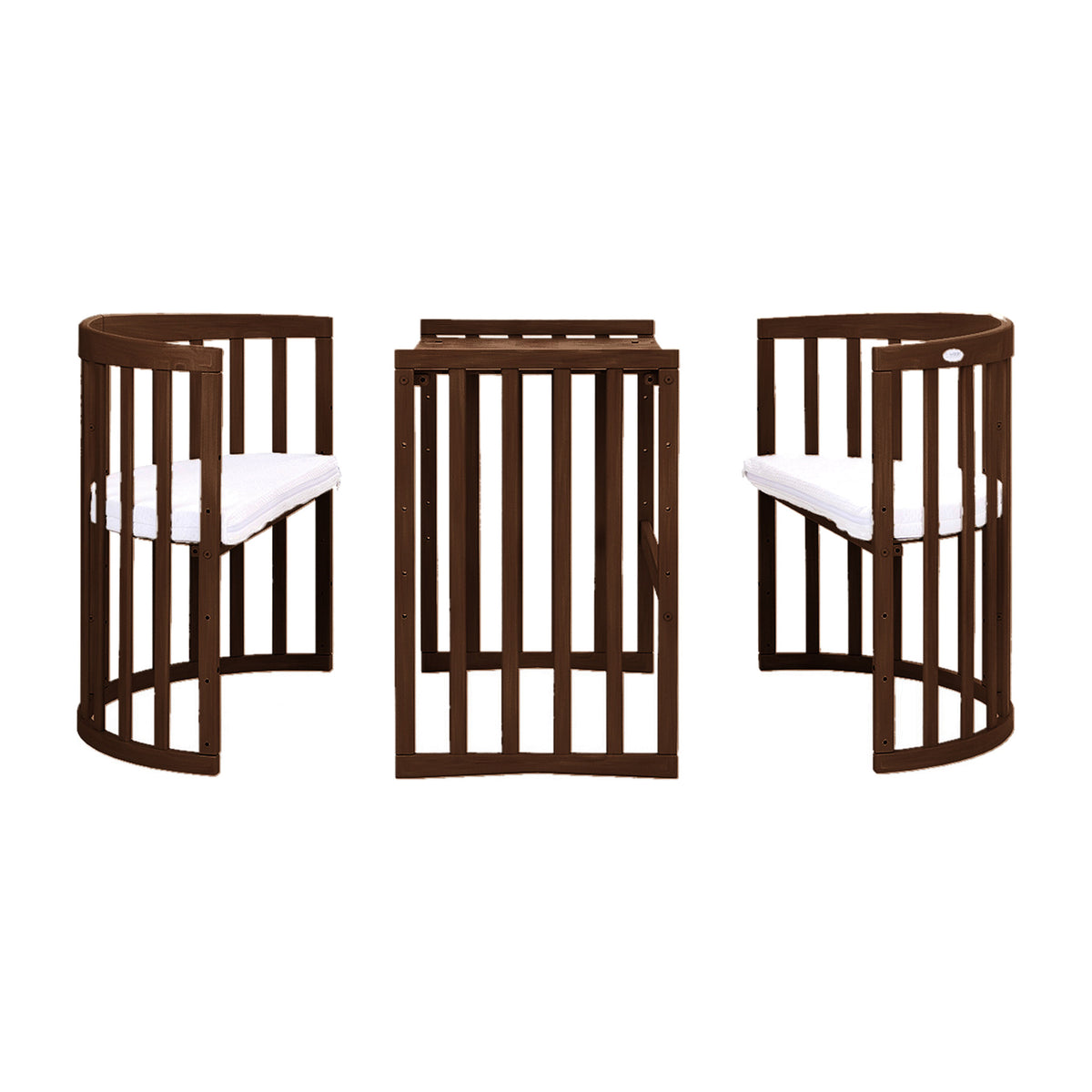 Oval 7in1 Babybett Walnut umgebaut zu Kindertisch mit zwei Stühlen