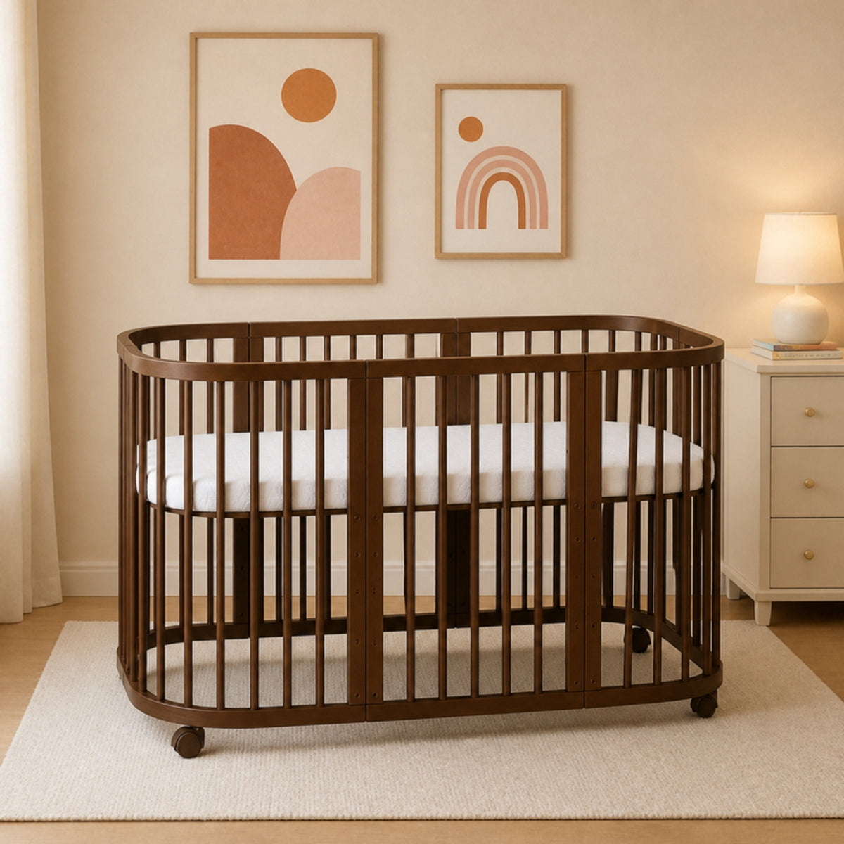 Grosses Babybett Quadi 7in1 Walnut im Kinderzimmer neben der Kommode