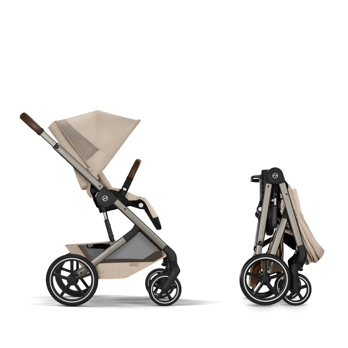 CYBEX Balios S Lux Almond Beige – kompakt gefaltet und freistehend