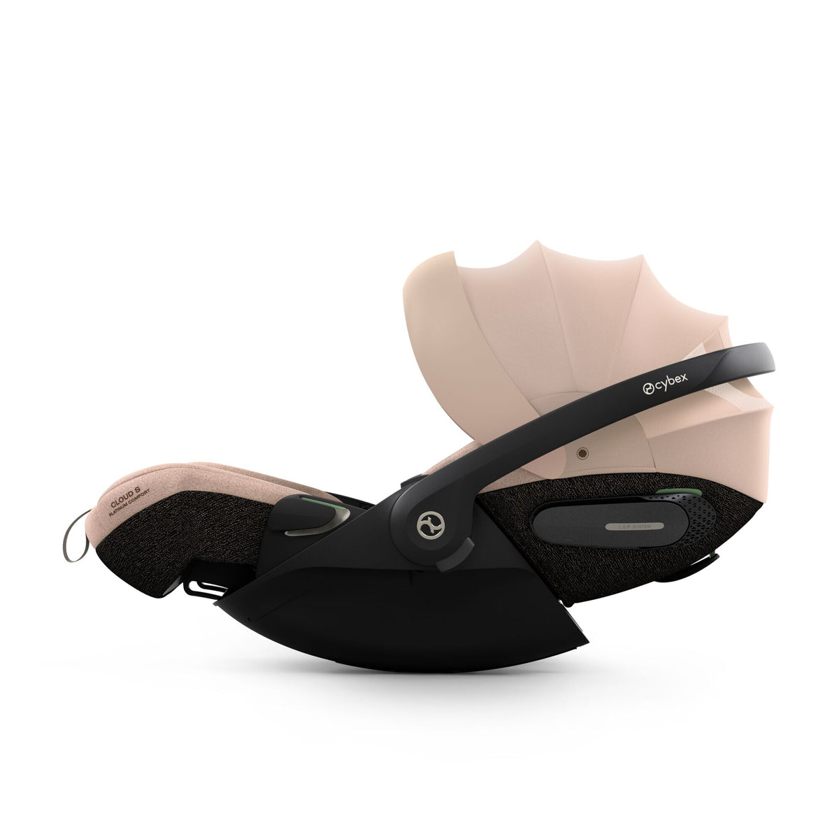 CYBEX Cloud S i-Size Comfort Cozy Beige – Seitenansicht mit ausgezogenem Sonnenverdeck in Liegeposition
