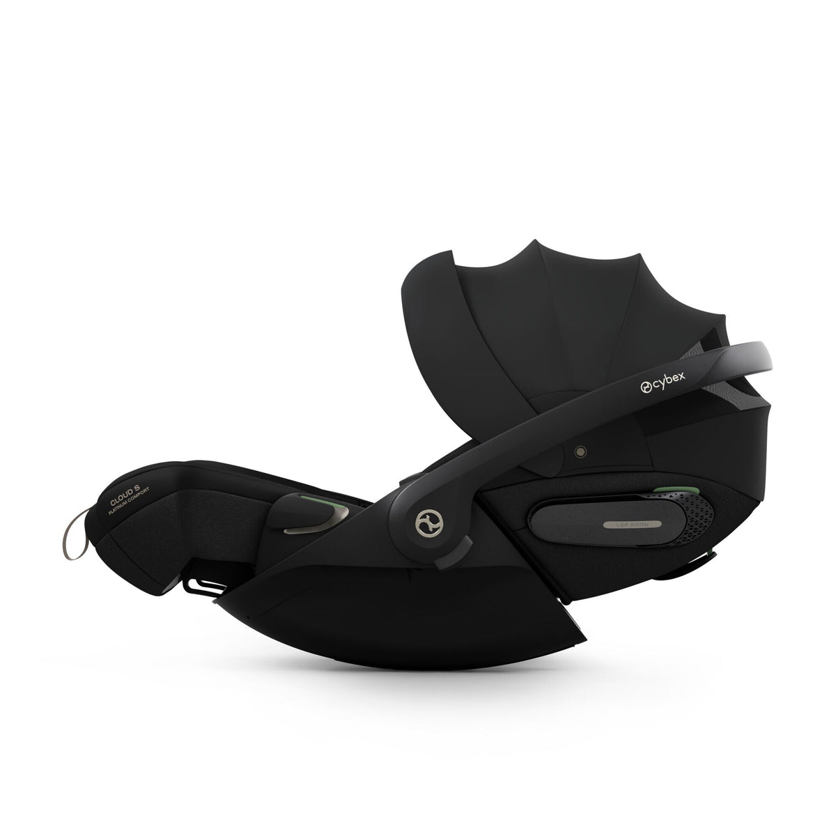 CYBEX Cloud S i-Size Comfort Sepia Black – Seitenansicht mit ausgezogenem Sonnenverdeck in Liegeposition