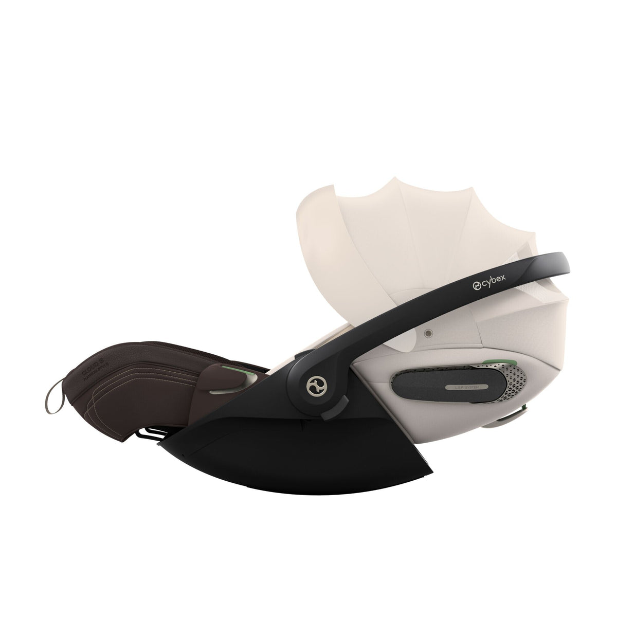 CYBEX Cloud S i-Size Style Amber Brown – Seitenansicht mit ausgezogenem Sonnenverdeck in Liegeposition