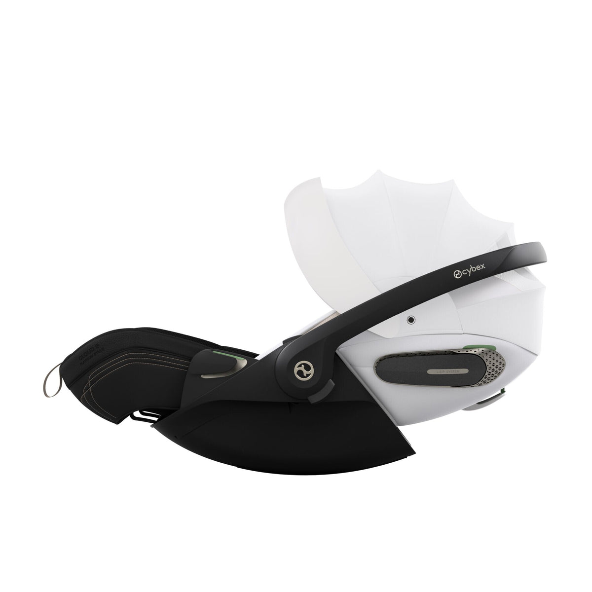 CYBEX Cloud S i-Size Style Off White – Seitenansicht mit ausgezogenem Sonnenverdeck in Liegeposition