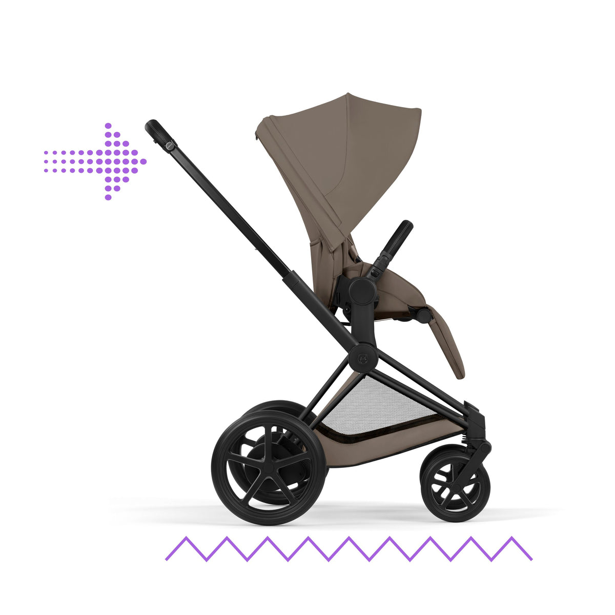 CYBEX e-Priam Comfort Matt Black Coconut Brown – Unterstützung auf unebenem Gelände