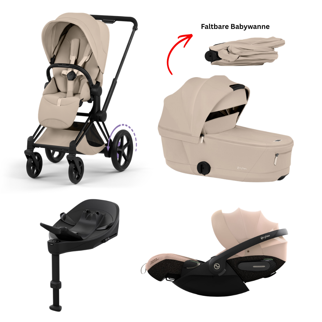 CYBEX e-Priam Comfort Matt Black Cozy Beige 4in1 Bundle mit faltbarer Babywanne, Cloud S Comfort Cozy Beige und Base S
