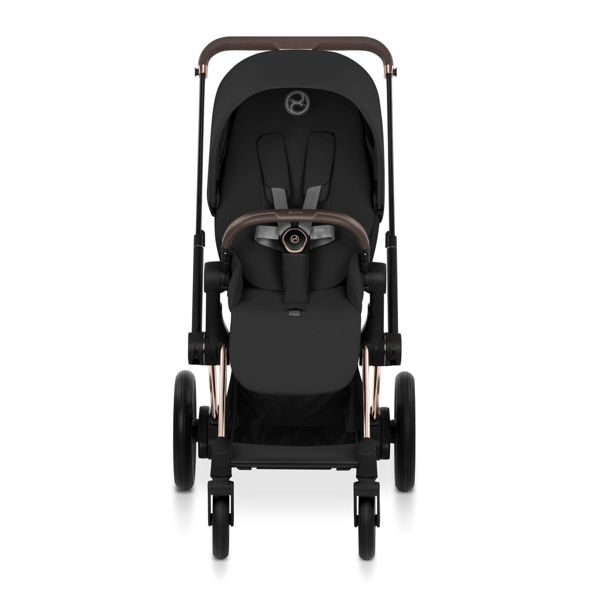 CYBEX e-Priam Comfort Rosegold Sepia Black – Kinderwagen mit Sitzeinheit, Frontansicht