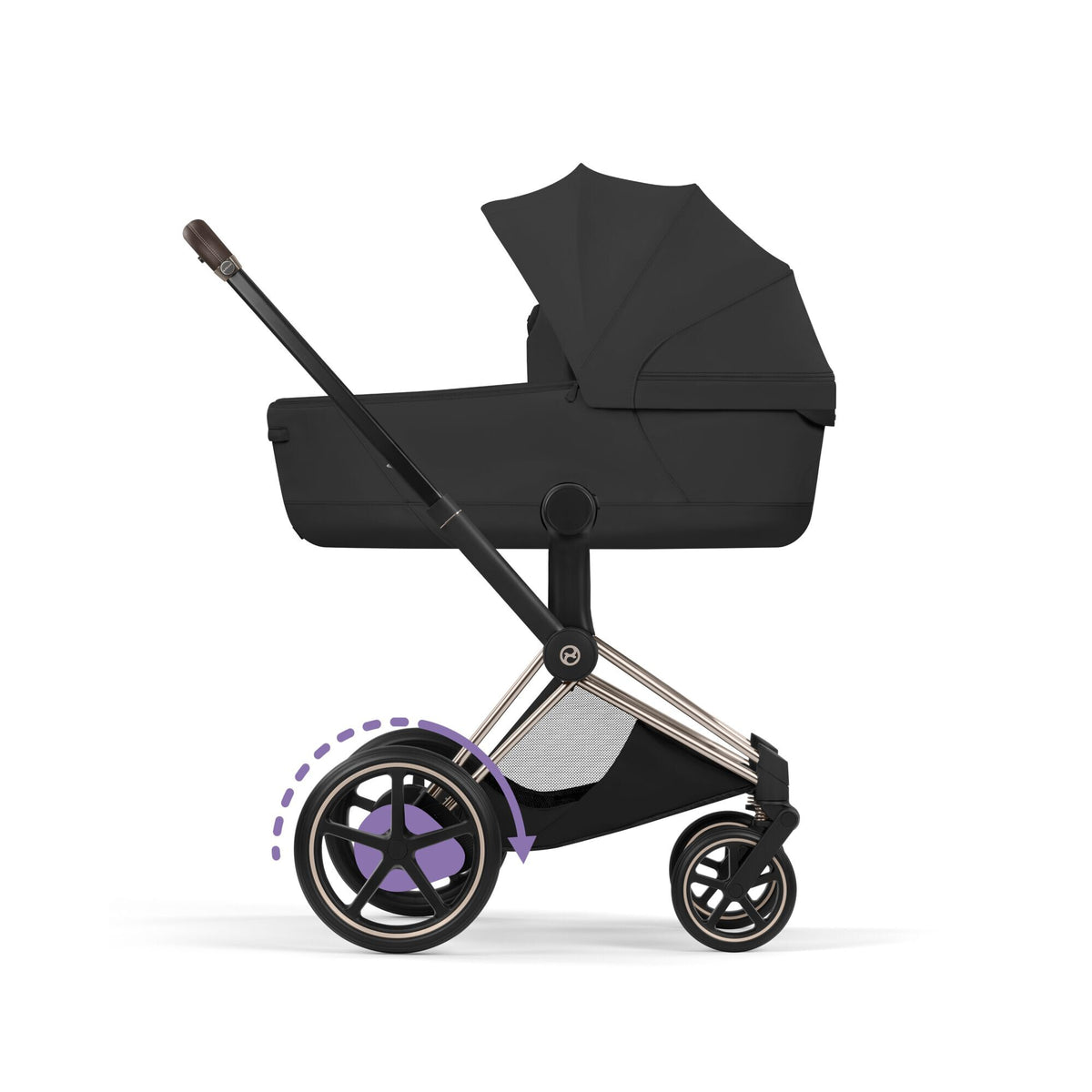 CYBEX e-Priam Champagne Gold mit Fold Lux Carry Cot Babywanne Sepia Black – Seitenansicht