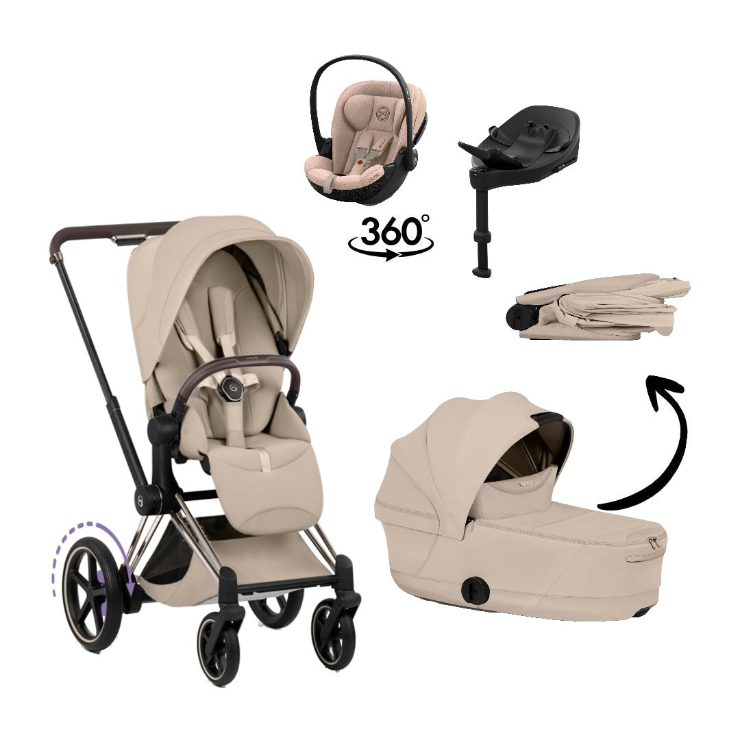 CYBEX e-Priam Style Champagne Gold Cozy Beige 4in1 Bundle: Kinderwagen, faltbare Babywanne, Babyschale Cloud S Comfort Cozy Beige und Base S