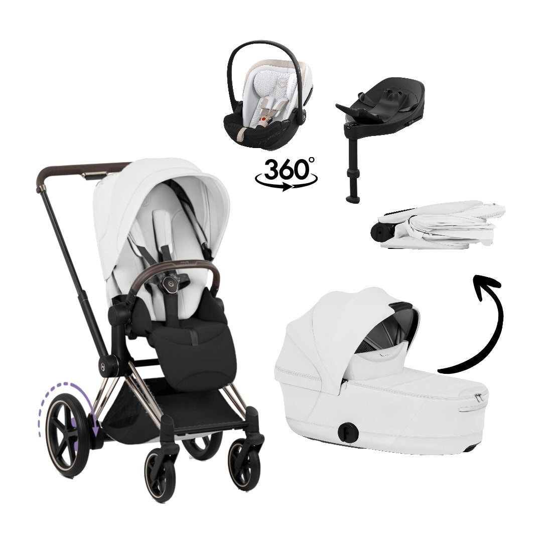 CYBEX e-Priam Style Champagne Gold Off White 4in1 Bundle: Kinderwagen, faltbare Babywanne, Babyschale Cloud S Style Off White und Base S