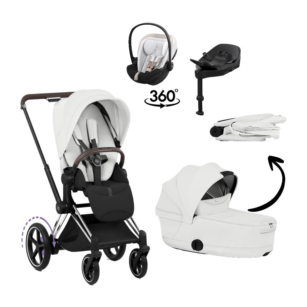 CYBEX e-Priam Style Chrome Brown Off White 4in1 Bundle: Kinderwagen, faltbare Babywanne, Babyschale Cloud S Style Off White und Base S