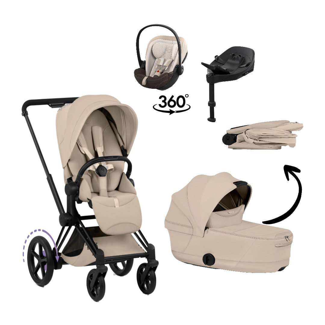 CYBEX e-Priam Style Matt Black Cozy Beige 4in1 Bundle: Kinderwagen, faltbare Babywanne, Babyschale Cloud S Style Amber Brown und Base S