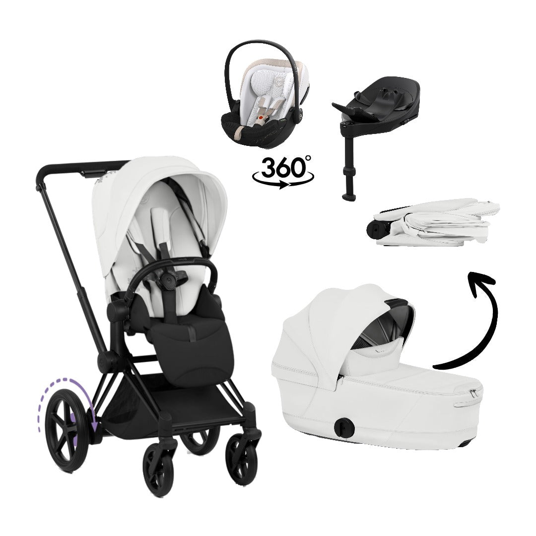CYBEX e-Priam Style Matt Black Off White 4in1 Bundle: Kinderwagen, faltbare Babywanne, Babyschale Cloud S Style Off White und Base S