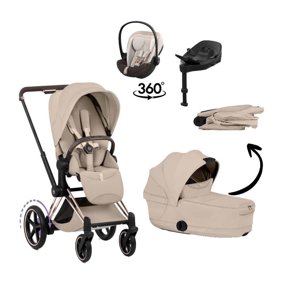 CYBEX e-Priam Style Rosegold Cozy Beige 4in1 Bundle: Kinderwagen, faltbare Babywanne, Babyschale Cloud S Style Amber Brown und Base S