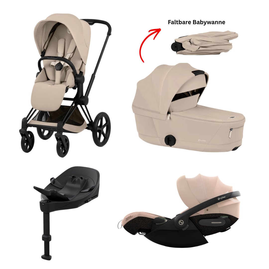 CYBEX Priam Comfort Matt Black Cozy Beige 4in1 Bundle mit faltbarer Babywanne, Cloud S i-Size und Base S