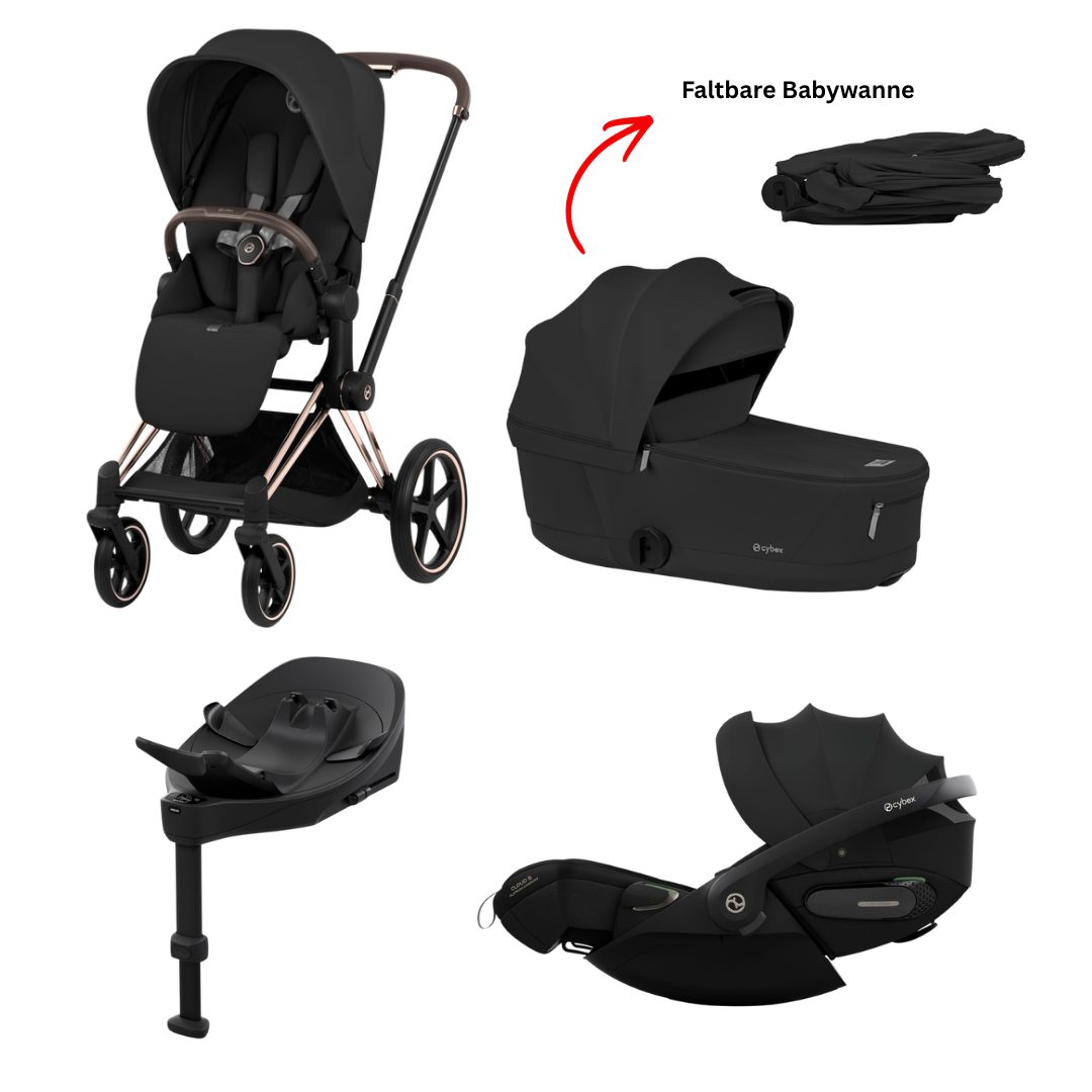 CYBEX Priam Comfort Rosegold Sepia Black 4in1 Bundle mit faltbarer Babywanne, Cloud S i-Size und Base S