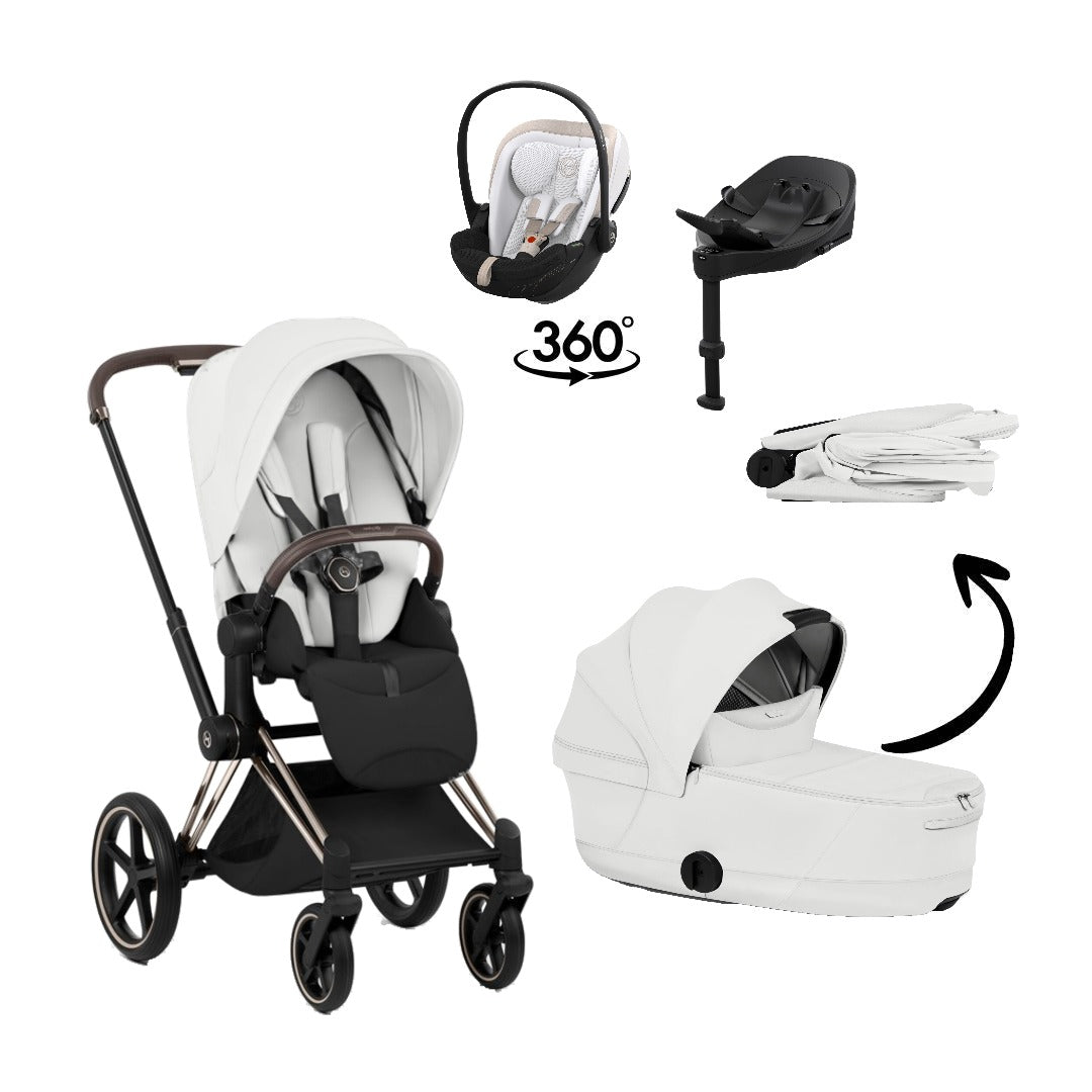 CYBEX Priam Style Champagne Gold Off White 4in1 Bundle: Kinderwagen, faltbare Babywanne, Babyschale Cloud S Style Off White und Base S