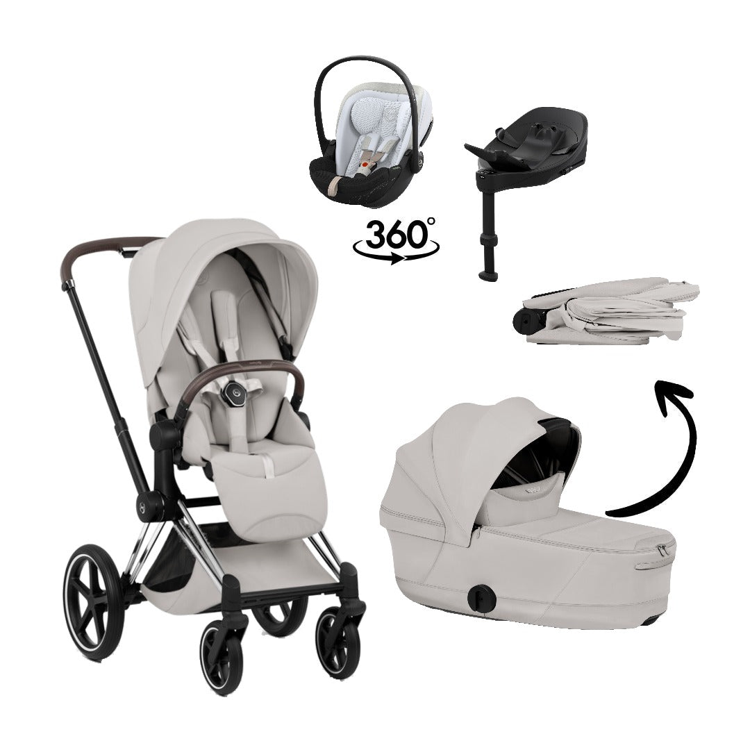 CYBEX Priam Style Chrome Brown City Grey 4in1 Bundle: Kinderwagen, faltbare Babywanne, Babyschale Cloud S Style Misty Grey und Base S