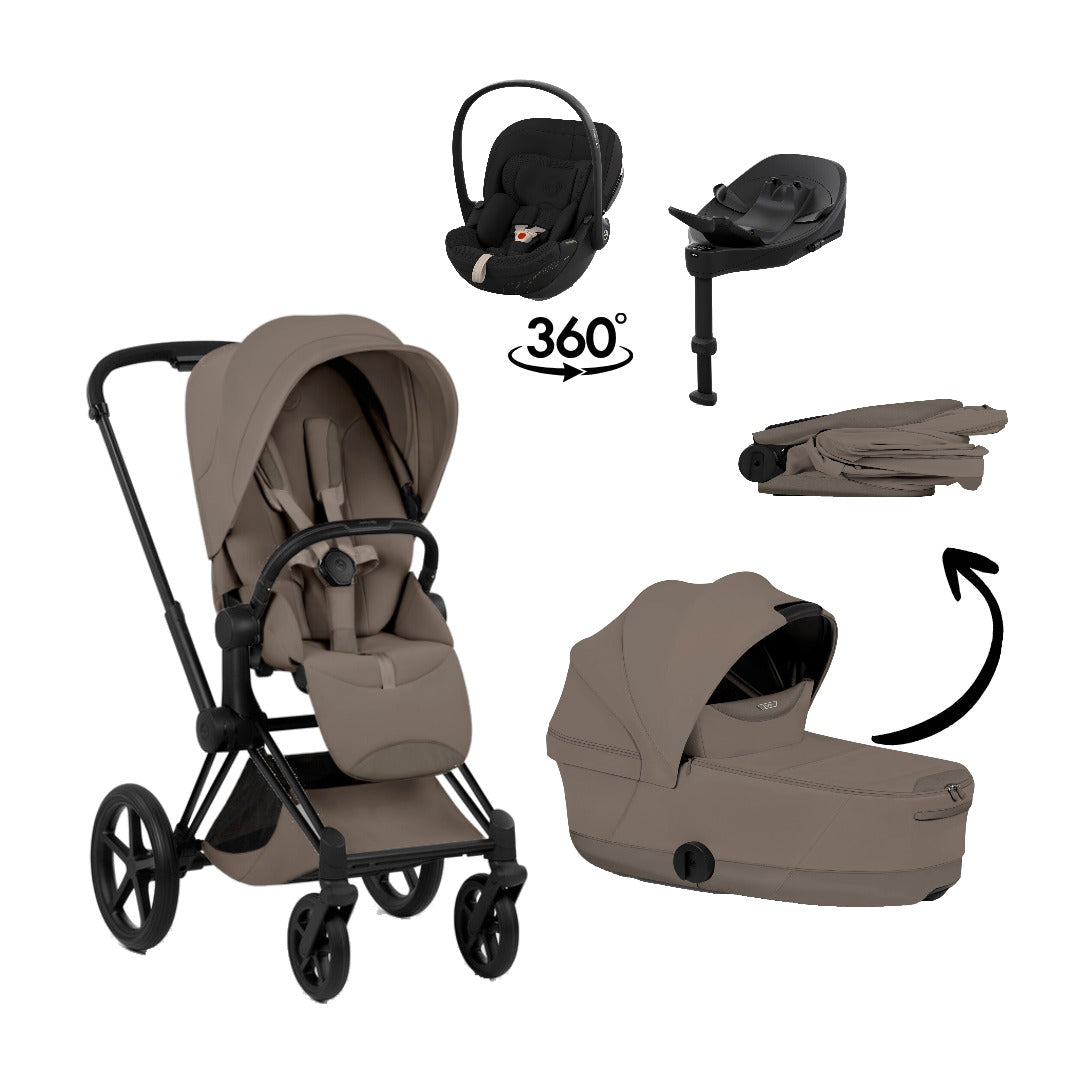 CYBEX Priam Style Matt Black Coconut Brown 4in1 Bundle: Kinderwagen, faltbare Babywanne, Babyschale Cloud S Style Sepia Black und Base S
