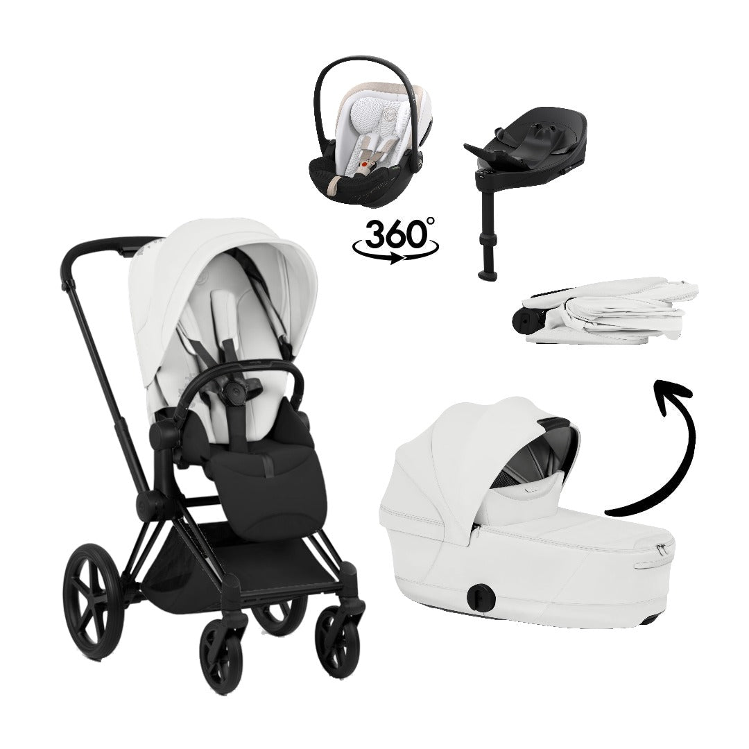 CYBEX Priam Style Matt Black Off White 4in1 Bundle: Kinderwagen, faltbare Babywanne, Babyschale Cloud S Style Off White und Base S