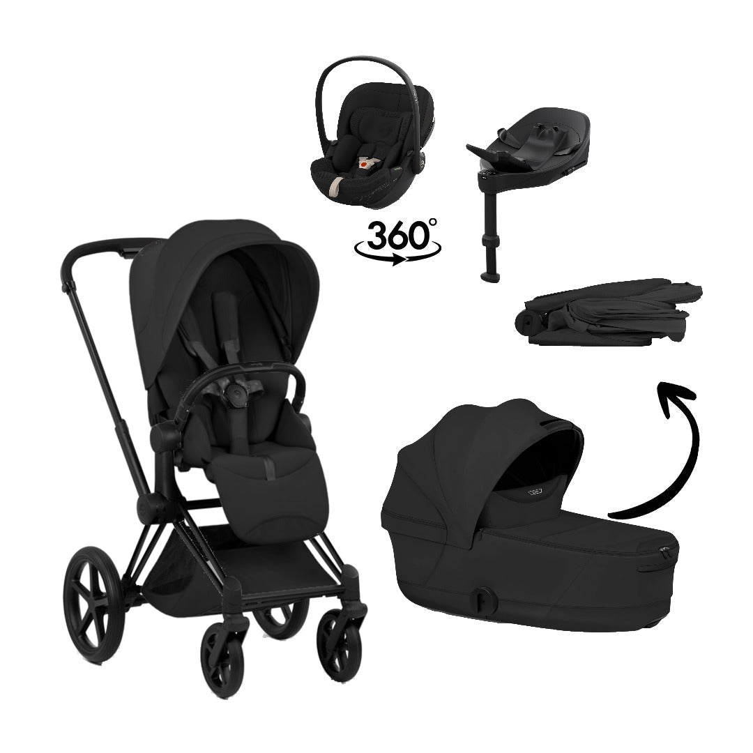 CYBEX Priam Style Matt Black Sepia Black 4in1 Bundle: Kinderwagen, faltbare Babywanne, Babyschale Cloud S Style Sepia Black und Base S