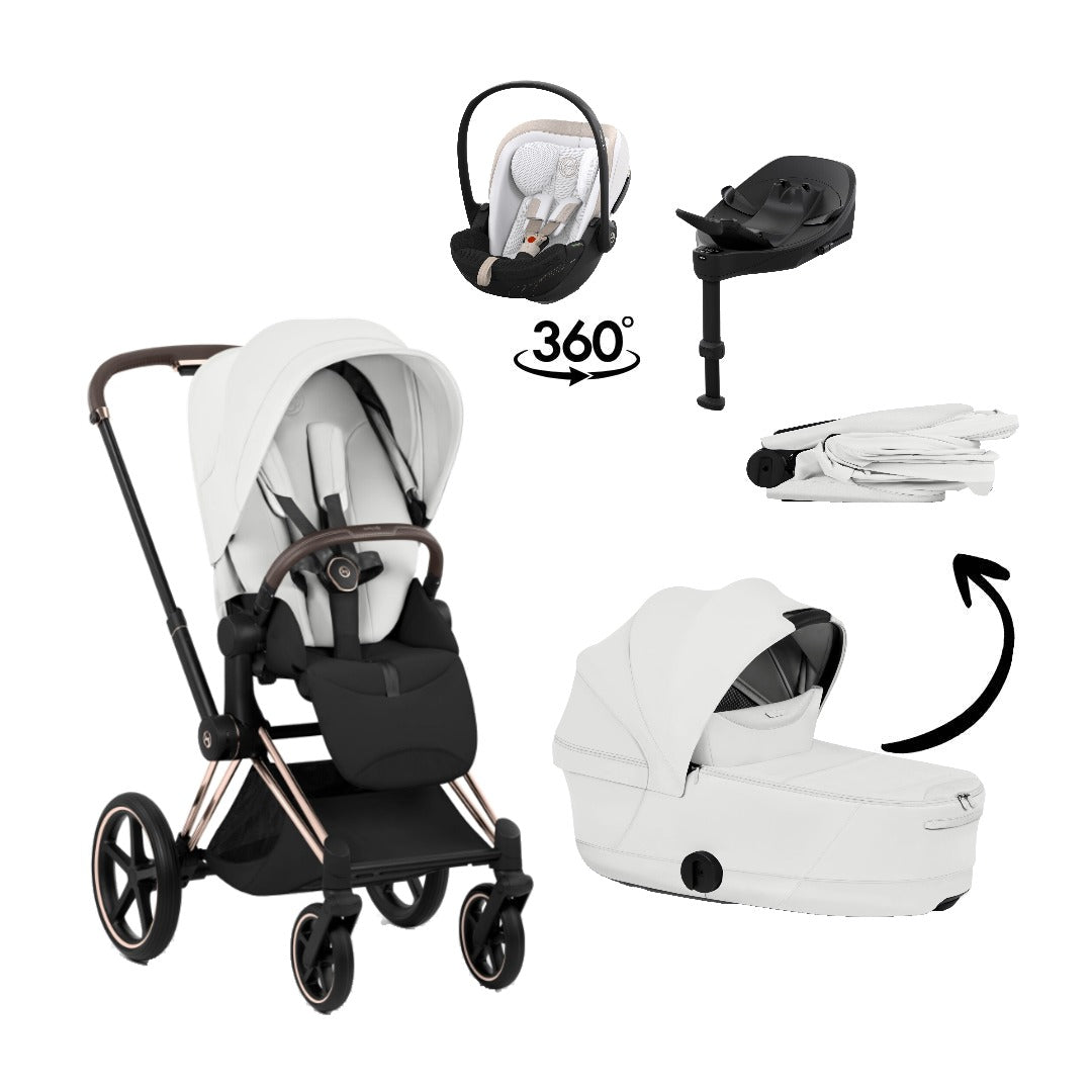 CYBEX Priam Style Rosegold Off White 4in1 Bundle: Kinderwagen, faltbare Babywanne, Babyschale Cloud S Style Off White und Base S