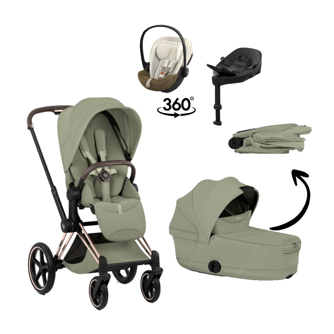 CYBEX Priam Style Rosegold Sage Green 4in1 Bundle: Kinderwagen, faltbare Babywanne, Babyschale Cloud S Style Jade Green und Base S