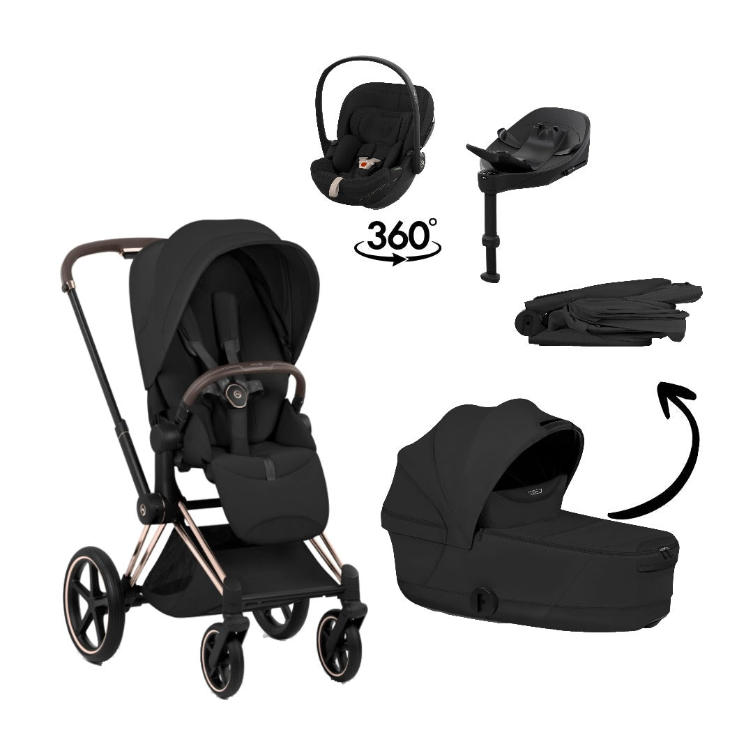CYBEX Priam Style Rosegold Sepia Black 4in1 Bundle: Kinderwagen, faltbare Babywanne, Babyschale Cloud S Style Sepia Black und Base S