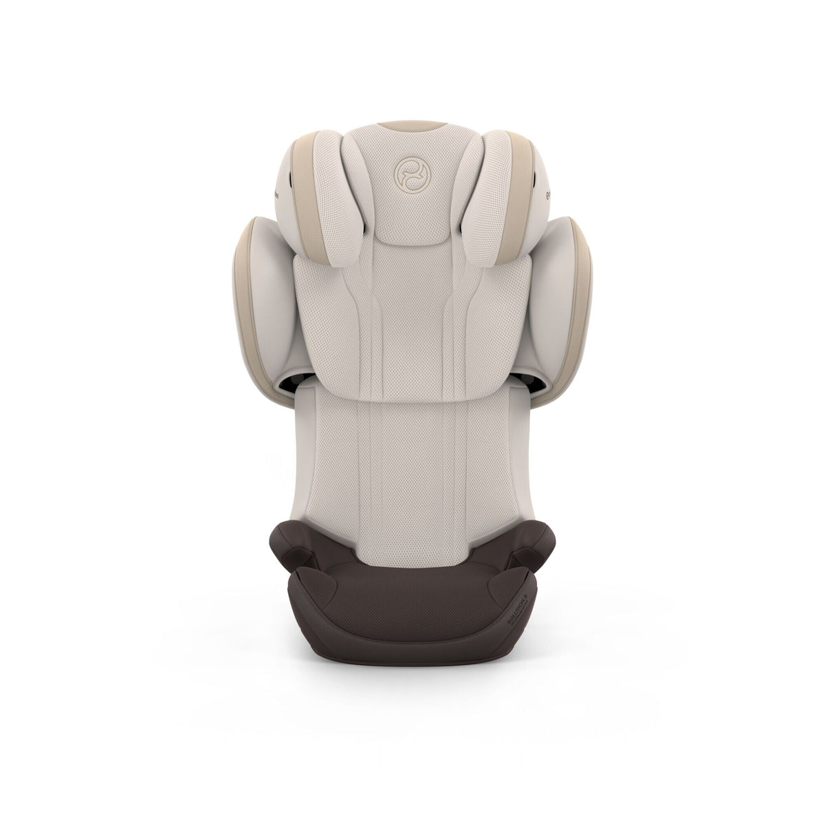 CYBEX Solution S Style Amber Brown – Vorderansicht mit hoch eingestellter Kopfstütze