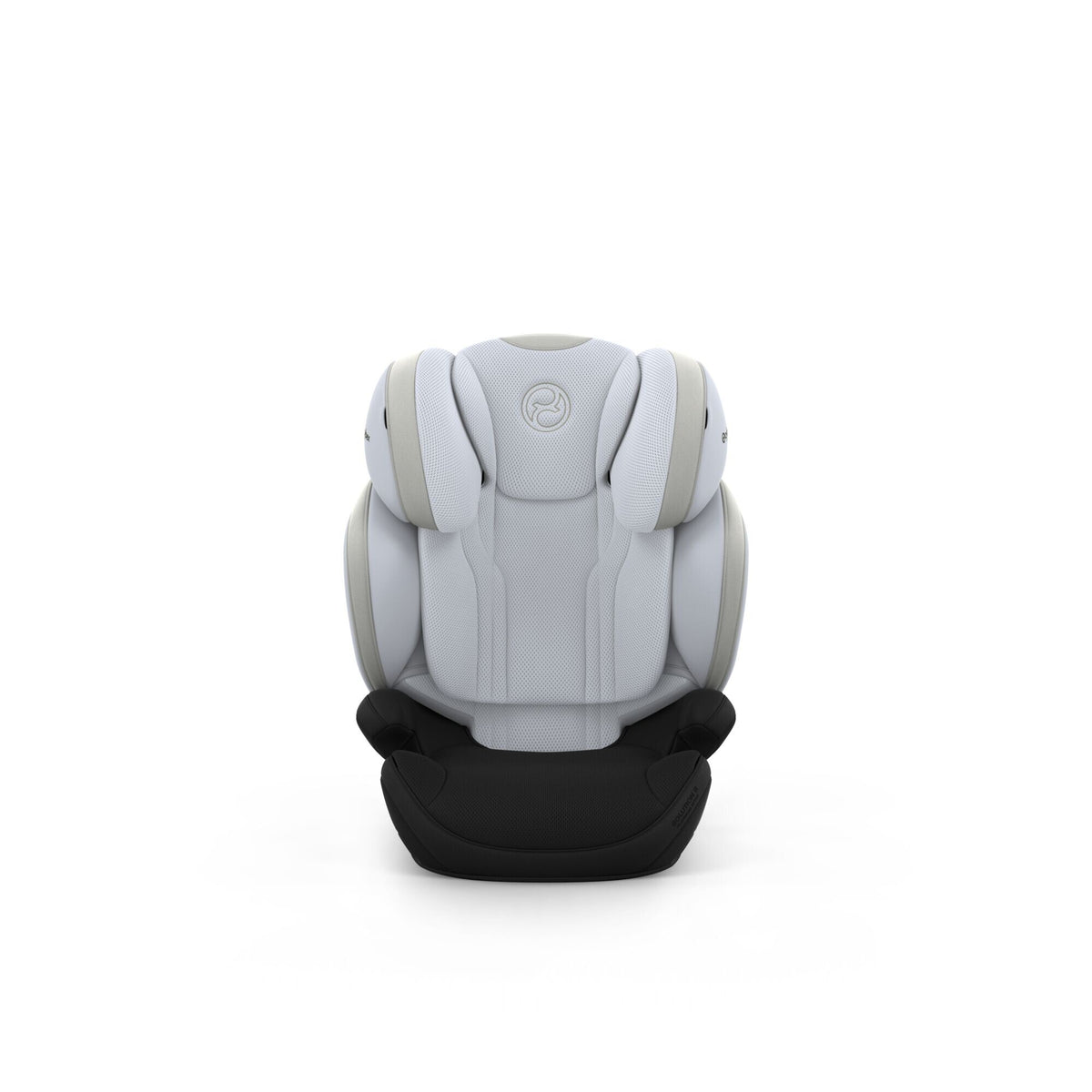 CYBEX Solution S Style Misty Grey – Vorderansicht mit tief eingestellter Kopfstütze