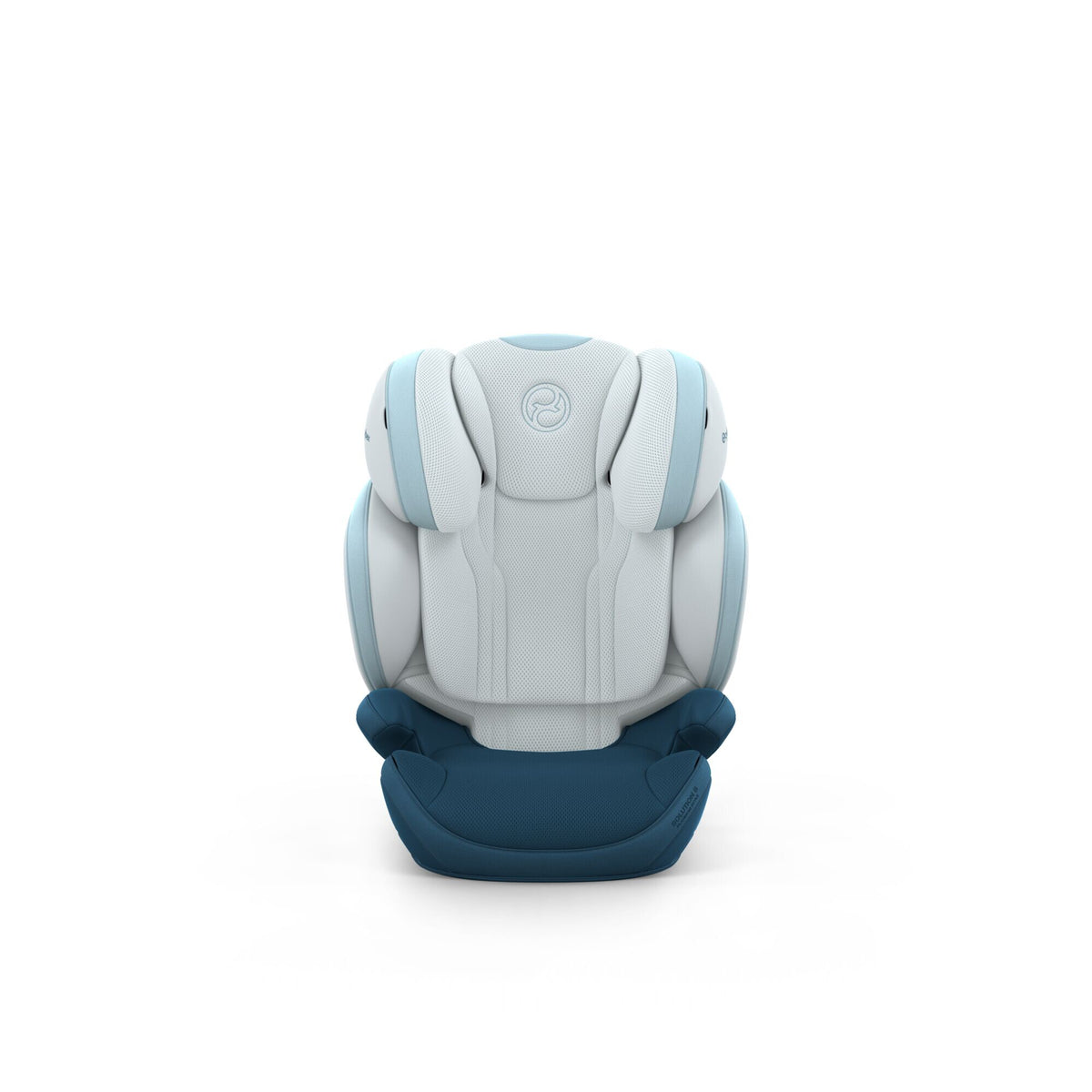 CYBEX Solution S Style Opal Blue – Vorderansicht mit tief eingestellter Kopfstütze