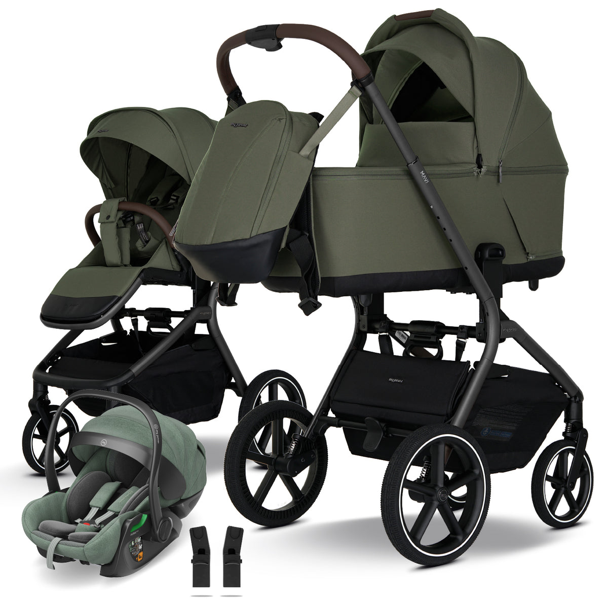my junior MAVI 3in1 Bundle-Set Olive Green – Kinderwagen mit Sportsitz und mit Babywanne, Wickelrucksack, Babyschale AURA ergo i-Size und Adapter, ohne ISOFIX-Base